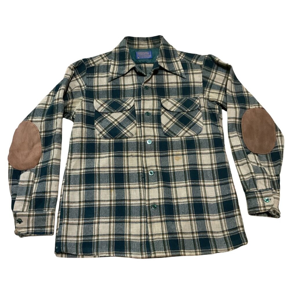Vtg Pendleton Board Shirt Shacket S Loop Collar Green Tan Plaid Virgin Wool USA